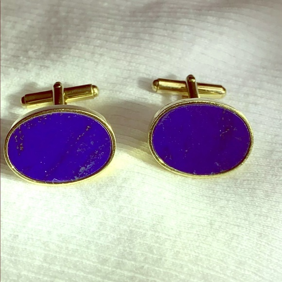 14k yellow gold and blue lapis stone cufflinks - Picture 1 of 8